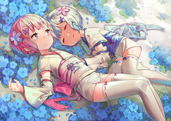  2girls blue_hair bow chaun dress flowers japanese_clothes kimono pink_eyes pink_hair ram re:zero_kara_hajimeru_isekai_seikatsu rem ribbons short_hair sleeping thighhighs twins 