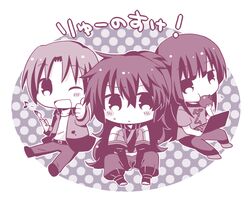  3boys akasaka_ryuunosuke blush chibi commentary_request computer eating fate/zero fate_(series) hakuouki_reimeiroku hakuouki_shinsengumi_kitan ibuki_ryunosuke laptop long_hair male_focus multiple_boys musical_note name_connection one_eye_closed pota_(picopota) sakura-sou_no_pet_na_kanojo sitting uryuu_ryuunosuke 