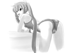  :d arm_support ass bent_over commentary_request competition_swimsuit female greyscale hatsune_miku long_hair monochrome one-piece_swimsuit open_mouth smile solo swimsuit tk4 twintails very_long_hair vocaloid 