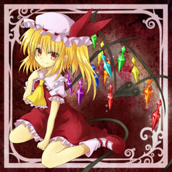  ascot blonde_hair blush bow commentary_request crystal female flandre_scarlet hat hat_ribbon laevatein_(touhou) red_eyes ribbon shoes short_hair side_ponytail sitting skirt smile socks solo tm-pika touhou vest wariza white_socks wings 