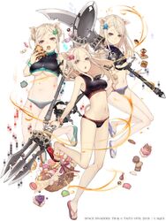  3girls :o animal_ears basket blonde_hair blue_little_pig_(sinoalice) bracelet breasts cake candy chocolate cracker cupcake eating food fork full_body green_little_pig_(sinoalice) hair_ornament hairclip jewelry ji_no knife large_breasts macaron medium_breasts multiple_girls navel official_art pig_ears pixels plump purple_eyes red_little_pig_(sinoalice) sandals siblings sinoalice sisters skin_tight skinny small_breasts smile snack space_invaders spoon swimsuit white_background 