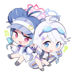  2girls :d ? antenna_hair bikini bikini_under_clothes blue_archive blue_eyes blush bound bound_wrists braid breasts chibi clueless cuffs double_bun eyewear_on_head food fubuki_(blue_archive) fubuki_(swimsuit)_(blue_archive) full_body goggles goggles_on_head grey_hair hair_bun halo handcuffs highres holding holding_food holding_popsicle jacket kirino_(blue_archive) kirino_(swimsuit)_(blue_archive) looking_at_viewer multicolored_hair multiple_girls musical_note official_alternate_costume one-piece_swimsuit open_clothes open_jacket open_mouth open_vest pink_eyes pink_halo popsicle purple_bikini same_(samefgo) school_swimsuit shirt short_hair short_sleeves single_braid small_breasts smile swim_goggles swimsuit vest visor_cap whistle whistle_around_neck white_one-piece_swimsuit white_shirt 