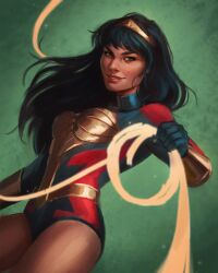  armor black_hair black_leotard brown_eyes dark-skinned_female dark_skin dc_comics female highres holding_lasso lasso lasso_of_truth leotard long_hair looking_at_viewer mayara_sampaio mole mole_on_cheek red_leotard solo tiara turtleneck turtleneck_leotard two-tone_leotard vambraces wonder_girl wonder_woman_(series) yana_flor 