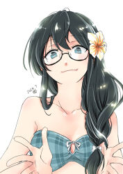  :3 absurdres bikini black_hair braid collarbone commentary_request female flower grey_bikini grey_eyes hair_flower hair_ornament hair_over_shoulder highres kantai_collection matsuura@parao official_alternate_costume official_alternate_hairstyle ooyodo_(kancolle) ooyodo_(swimsuit_mode)_(kancolle) plaid_bikini plaid_clothes simple_background single_braid solo swimsuit white_background 