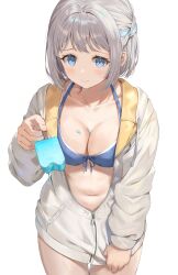  bikini bikini_under_clothes blue_bikini blue_ribbon blush breasts cleavage collarbone cowboy_shot female food gakuen_idolmaster grey_hair hair_ribbon half_up_braid highres holding holding_food holding_ice_cream hood hooded_jacket ice_cream ice_cream_bar idolmaster incoming_food jacket jacket_over_swimsuit katsuragi_lilja kimi_to_semi_blue_(idolmaster) large_breasts looking_at_viewer melting navel partially_unzipped rangen ribbon ribbon_braid short_hair simple_background smile solo swimsuit thigh_gap two-sided_fabric two-sided_jacket white_background white_jacket 