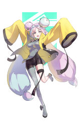  :d absurdres arms_up bike_shorts blue_hair blush boots bow-shaped_hair breasts female full_body grey_footwear grey_pantyhose grey_shirt highres iono_(pokemon) jacket large_breasts leg_up light_blue_hair long_hair looking_at_viewer multicolored_hair off_shoulder open_clothes open_jacket open_mouth pantyhose pink_hair pokemon pokemon_sv sharp_teeth shirt single_leg_pantyhose smile solo star_(symbol) star_print sushispin teeth thigh_strap twintails two-tone_background two-tone_hair upper_teeth_only very_long_hair very_long_sleeves wide_sleeves yellow_jacket 