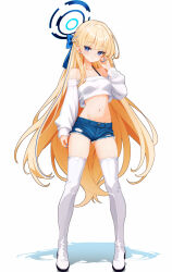  :o alternate_costume arm_at_side blonde_hair blue_archive blue_bow blue_eyes blue_hair blue_halo blue_nails blue_shorts blush boots bow bra_strap braid breasts commentary_request crop_top denim denim_shorts earrings female fingernails full_body hairbow halo hand_up highres jewelry legs_apart long_hair long_sleeves looking_at_viewer medium_breasts multicolored_hair mutsuse nail_polish navel off-shoulder_shirt off_shoulder parted_lips shadow shirt short_shorts shorts simple_background solo standing streaked_hair stud_earrings thigh_boots toki_(blue_archive) torn_clothes torn_shorts very_long_hair white_background white_shirt 