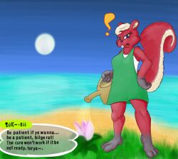  absurd_res angry animal_crossing anthro beach blonde_hair blue_eyes clothing dialogue dialogue_box dress female fur gloves_(marking) grass green_clothing green_dress hair hand_on_hip hi_res leg_markings lendri_mujina mammal markings moon night nintendo outside plant red_body red_fur rodent sciurid shaki_(animal_crossing) shirt shore socks_(marking) solo topwear tree_squirrel undershirt watering_can watering_flower 