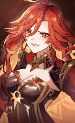  absurdres breasts cleavage earrings female genshin_impact grin hal_aluha highres jewelry large_breasts long_hair looking_at_viewer mavuika_(genshin_impact) orange_eyes orange_hair smile solo upper_body 