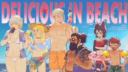  3boys 3girls absurdres alternate_costume bara belly breasts chilchuck_tims cowboy_shot dark-skinned_male dark_skin dungeon_meshi dwarf elf falin_touden falin_touden_(tallman) hairy highres izutsumi laios_touden large_breasts large_pectorals legs_together lipeka male_swimwear marcille_donato multiple_boys multiple_girls muscular muscular_male navel nipples pectorals plump pointy_ears senshi_(dungeon_meshi) short_hair standing stomach sunglasses swim_trunks thighs topless_male 