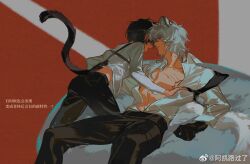  2boys abs akai_999 animal_ears arknights bare_pectorals belt black_belt black_gloves black_hair black_necktie black_pants box boy_on_top cat_ears cat_tail chinese_commentary chinese_text claw_mark clenched_teeth collarbone collared_shirt commentary_request criss-cross_back-straps doctor_(arknights) feet_out_of_frame gloves hair_over_shoulder hand_on_another&#039;s_back highres imminent_bite injury kemonomimi_mode leopard_ears leopard_tail long_hair long_sleeves looking_at_another male_doctor_(arknights) male_focus midriff_peek multiple_boys necktie on_box open_clothes open_mouth open_shirt pants pectorals pocket red_background round_bed shirt short_hair silverash_(arknights) tail teeth translation_request undone_necktie weapon weapon_on_back weibo_watermark white_eyes white_hair white_shirt yaoi 