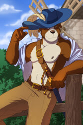  anthro arm_support athletic athletic_anthro athletic_male athos_(muskehounds) bedroom_eyes belt biped bottomwear brick canid canine canis clothed clothing cloud domestic_dog feather_hat fence greenery hat hat_over_eyes headgear headwear hi_res leaning_on_elbow leo-artis male male_anthro mammal mastiff melee_weapon molosser mountain_dog narrowed_eyes nipples open_clothing open_shirt open_topwear pants pecs saint_bernard scabbard seductive shirt sky smile smirk solo sword sword_sheath topwear weapon windmill wood wood_fence 