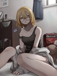  aki_(tabao) black_tank_top blonde_hair blue_eyes collarbone female glasses highres indoors off_shoulder original sitting solo strap_slip stuffed_animal stuffed_toy tabao tank_top teddy_bear underwear 