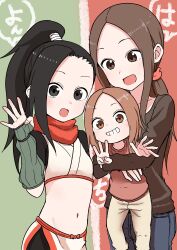  3girls absurdres age_difference arm_warmers black_eyes black_hair brown_eyes brown_hair creator_connection finger_counting height_difference highres inaba_mifumi karakai_jouzu_no_(moto)_takagi-san karakai_jouzu_no_takagi-san kunoichi_tsubaki_no_mune_no_uchi lolicon long_hair midriff mother_and_daughter multiple_girls navel nishikata_chii ponytail release_celebration stomach takagi-san tsubaki_(kunoichi_tsubaki_no_mune_no_uchi) 