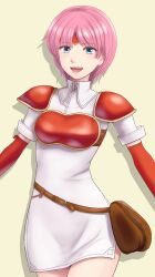  :d absurdres armor belt belt_pouch blue_eyes commentary cowboy_shot elbow_gloves female fire_emblem gloves headband highres marcia_(fire_emblem) pegasus_knight_uniform_(fire_emblem) pink_hair pouch red_armor red_headband sakaguchi_yamaya short_hair shoulder_armor smile solo standing yellow_background 