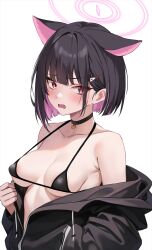  animal_ears areola_slip black_bra black_choker black_hair black_jacket blue_archive blush bra breasts cat_ears choker collarbone colored_inner_hair extra_ears female hair_ornament hairclip halo highres jacket kazusa_(blue_archive) looking_at_viewer marisasu_(marisa0904) medium_breasts multicolored_hair parted_lips pink_eyes pink_hair pink_halo revision short_hair sideboob simple_background slit_pupils solo underboob underwear upper_body white_background 