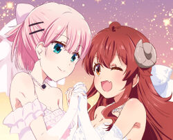  2girls ;d bare_shoulders breasts brown_eyes brown_horns chiyoda_momo cleavage commentary_request curled_horns demon_girl demon_horns dress green_eyes hair_ornament hairclip highres holding_hands horns interlocked_fingers looking_at_another machikado_mazoku medium_breasts mukaibi_aoi multiple_girls one_eye_closed pink_hair red_hair small_breasts smile wedding_dress white_dress wife_and_wife yoshida_yuuko_(machikado_mazoku) yuri 