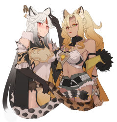  2girls animal_ears arm_strap black_gloves blonde_hair covered_navel dark_skin genshin_impact gloves highres hinagi_(fox_priest) jaguar_ears jaguar_tail kemonomimi_mode long_hair looking_at_viewer midriff multiple_girls navel ningguang_(genshin_impact) red_eyes simple_background stomach tail very_long_hair white_background white_hair xilonen_(genshin_impact) 