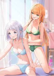  2girls absurdres aqua_bra aqua_panties assisted_stretching bare_legs barefoot blue_ribbon blush bottle bra collarbone commentary_request fujinomiya_rio gakuen_idolmaster green_bra green_panties grey_hair hair_ribbon half_up_braid highres idolmaster indoors katsuragi_lilja kneeling lingerie long_hair looking_ahead looking_at_another multiple_girls navel orange_hair outstretched_arms panties ribbon ribbon_braid shiun_sumika short_hair sitting smile stomach straight_hair stretching underwear underwear_only very_long_hair water_bottle 