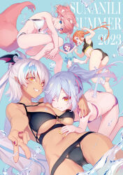  5girls :d ;) \o/ animal_ears aqua_background aqua_one-piece_swimsuit armpits arms_up barefoot bikini black_bikini braid breast_pillow breasts butt_crack casual_one-piece_swimsuit cleavage demon_tail flat_chest fox_ears fox_tail frilled_one-piece_swimsuit frills green_eyes grin hand_on_another&#039;s_shoulder hand_on_another&#039;s_stomach head_wings highres hizuki_rurufu hugging_own_legs large_breasts layered_bikini long_hair medium_breasts multicolored_hair multiple_girls nail_polish navel nilitsu one-piece_swimsuit one_eye_closed open_mouth orange_eyes orange_hair outstretched_arms pointy_ears ponytail profile purple_hair red_eyes red_nails sakuma_lovey short_hair small_breasts smile snack_nili splashing spread_navel streaked_hair swimsuit tail tail_wrap tao_shan tor_(snack_nili) underboob v valiana_s_tinegarnet very_long_hair virtual_youtuber white_bikini white_hair wings yellow_nails 