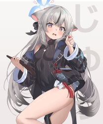  absurdres animal_ears ass black_dress black_hair blue_archive blue_halo blush breasts cleavage_cutout clipboard clothing_cutout commentary covered_navel dress ear_down female grey_hair halo highres holding holding_clipboard holding_pencil jacket jhaysie kokona_(blue_archive) left-handed long_hair looking_at_viewer multicolored_hair open_mouth orange_eyes pencil simple_background small_breasts solo streaked_hair striped_clothes striped_dress striped_jacket text_background thighs tiger_ears tiger_girl v-shaped_eyebrows vertical-striped_clothes vertical-striped_dress vertical-striped_jacket white_background 