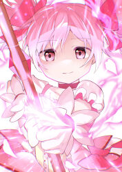  absurdres aiming aiming_at_viewer bow choker closed_mouth commentary_request energy_arrow female frilled_sleeves frills gloves hairbow highres kaname_madoka mahou_shoujo_madoka_magica maruiusausagi multiple_hair_bows pink_eyes pink_hair red_bow short_hair short_sleeves smile solo upper_body white_gloves 