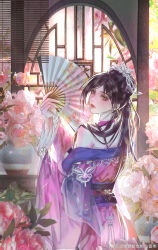  arms_up artist_request bare_shoulders brown_hair chi_lian_(qinshi_mingyue) closed_mouth dress female flower from_behind hair_bun hand_fan highres holding holding_fan long_sleeves looking_back pink_dress pink_flower qinshi_mingyue round_window second-party_source solo tiara upper_body vase window windowsill 