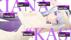  3d abilfloridaarts absurdres arm_over_head blue_eyes character_name commentary covering_breasts covering_privates crown diamond-shaped_pupils diamond_(shape) english_commentary english_text female flower_tattoo gradient_hair high_ponytail highres honkai_(series) honkai_impact_3rd kiana_kaslana kiana_kaslana_(herrscher_of_finality) lying mihoyo multicolored_hair nude parody parted_lips purple_eyes purple_hair purple_pupils red_nails solo star-shaped_pupils star_(symbol) symbol-shaped_pupils tattoo white_hair zenless_zone_zero 