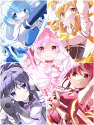  5girls absurdres aiming aiming_at_viewer akemi_homura akemi_homura_(magical_girl) black_gloves blonde_hair blue_eyes blue_hair bow_(weapon) breasts choker closed_mouth commentary_request dress elbow_gloves frilled_sleeves frills frown gloves grin gun happy highres holding holding_bow_(weapon) holding_gun holding_weapon hydrokinesis jewelry kaname_madoka kaname_madoka_(magical_girl) large_breasts looking_at_viewer magical_girl mahou_shoujo_madoka_magica maruiusausagi miki_sayaka miki_sayaka_(magical_girl) multiple_girls nunchaku open_mouth pink_choker pink_dress pink_eyes pink_hair purple_eyes purple_hair purple_ribbon red_dress red_eyes red_hair ribbon sakura_kyoko sakura_kyoko_(magical_girl) serious short_hair short_sleeves sleeveless smile tomoe_mami tomoe_mami_(magical_girl) water weapon white_gloves yellow_eyes 