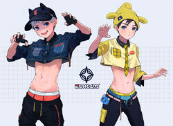  2boys abs baseball_cap belt black_gloves black_hair black_headwear black_pants blue_eyes blue_jacket blue_male_underwear chip_ice claw_pose closed_mouth clothes_pull crop_top cropped_jacket cropped_shirt fingerless_gloves gloves hat hat_with_ears jacket male_focus male_underwear male_underwear_peek multiple_boys navel necktie open_belt open_mouth open_pants original pants pants_pull pink_belt purple_eyes red_male_underwear shirt short_hair smile toned toned_male underwear white_hair yellow_headwear yellow_shirt 