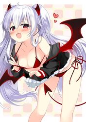  bikini black_jacket breasts demon_girl demon_tail demon_wings female grim_aloe heart highres horns jacket long_hair looking_at_viewer nagayama_yuunon oerba_yun_fang quiz_magic_academy quiz_magic_academy_the_world_evolve red_bikini red_eyes small_breasts smile solo swimsuit tail twintails very_long_hair white_hair wings 