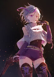  arm_up belt boots collar commentary contender_(girls&#039;_frontline) cowboy_shot dark_background detached_sleeves dying_(dying0414) english_commentary exposed_pocket female girls&#039;_frontline gloves grey_hair gun handgun holding holding_gun holding_weapon looking_at_viewer multicolored_hair photoshop_(medium) pocket purple_eyes purple_hair purple_shorts see-through shirt shoelaces short_hair short_shorts shorts simple_background solo standing streaked_hair thigh_boots thighhighs thompson/center_contender weapon zettai_ryouiki 