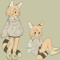  1:1 anthro backpack black_spots black_stripes blonde_hair blush bottomwear clothed clothing emoji felid feline female female_anthro footwear fur hair hi_res hoodie kemono looking_aside looking_at_viewer mammal markings mikeyama pin_button serval shirt shoes shorts simple_background sitting sneakers solo spots striped_markings striped_tail stripes tail tail_markings topwear yellow_body yellow_fur 