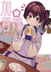  apron ayasugi_tsubaki bag baozi brown_hair comiket_95 commentary_request cup cushion eyes_visible_through_hair female food hair_between_eyes holding holding_food japanese_clothes kaga_(kancolle) kantai_collection kappougi kimono light_blush long_sleeves looking_at_viewer multicolored_hair notice_lines open_mouth seiza side_ponytail sitting solo table teacup teapot translated upper_body yellow_eyes 