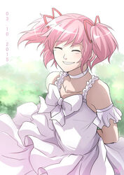  2015 ^_^ alternate_costume armband arms_behind_back bad_id bad_pixiv_id bare_shoulders choker closed_eyes collarbone commentary dated dated_commentary dress facing_viewer female flat_chest frilled_armband frills hair_ribbon happy highres kago-tan kaname_madoka layered_dress light_blush luminous_(madoka_magica) mahou_shoujo_madoka_magica mahou_shoujo_madoka_magica_(anime) mahou_shoujo_madoka_magica_movie_1_&amp;_2 pink_hair red_ribbon ribbon short_twintails sleeveless sleeveless_dress smile solo symbol-only_commentary teeth twintails upper_body white_choker white_dress white_ribbon 