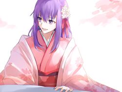  cherry_blossoms fate/grand_order fate_(series) female flower hair_between_eyes hair_flower hair_ornament hair_ribbon highres hoshi_rasuku japanese_clothes kasuga_no_tsubone_(fate) kimono long_hair open_mouth pink_kimono purple_eyes purple_hair ribbon simple_background smile solo upper_body 