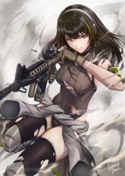  absurdres armband assault_rifle black_eyes black_hair black_thighhighs breasts brown_eyes brown_leotard caiman_pool clothes_around_waist female girls&#039;_frontline gloves green_gloves green_hair gun highres holding holding_gun holding_weapon jacket jacket_around_waist leotard leotard_sweater long_hair m4_carbine m4a1_(girls&#039;_frontline) mask medium_breasts multicolored_hair ribbed_leotard rifle skull_mask solo streaked_hair thighhighs torn_clothes torn_leotard torn_thighhighs weapon 