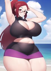  1girls ai_generated armpits arms_up bare_arms bare_legs bare_midriff bare_shoulders bare_thighs beach big_breasts black_shirt black_skirt blush breasts cleavage cleavage_cutout clothed clothes clothing collared_shirt curvaceous curves curvy curvy_body curvy_female curvy_figure curvy_hips day deep_cleavage eyewear female female_only game_freak giant giantess gigantic_breasts gigantic_thighs glasses hips horny horny_female hourglass_figure huge_breasts huge_thighs human human_only large_breasts large_thighs long_hair looking_at_viewer looking_pleasured lorelei_(pokemon) lorelei_(pokemon_frlg) macro massive_breasts massive_thighs midriff midriff_baring_shirt miniskirt nai_diffusion nintendo ocean plump pokemon pokemon_frlg ponytail purple_skirt red_eyes red_hair seducing seduction seductive seductive_eyes seductive_gaze seductive_look seductive_mouth seductive_pose seductive_smile short_skirt size_difference skirt solo solo_female stable_diffusion steam steaming_body sweat sweatdrop sweating sweaty sweaty_body sweaty_breasts thick thick_thighs thighs venus_body voluptuous voluptuous_female wide_hips 