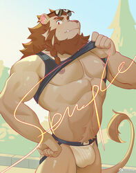  1boy abs animal_ears bara bare_pectorals beard black_tank_top braid brown_hair bulge clothes_lift commission cowboy_shot ear_piercing eyebrow_cut facial_hair frde furry furry_male jockstrap large_pectorals lifting_own_clothes lion_boy lion_ears lion_tail long_beard long_hair looking_at_viewer male_focus male_underwear mature_male muscular muscular_male navel navel_hair nipples no_pants oerba_yun_fang original pectorals piercing red_eyes ribbed_male_underwear sample_watermark shirt_lift side_braid solo stomach tail tank_top thick_eyebrows thighs underpec underwear watermark wet wet_clothes wet_male_underwear 