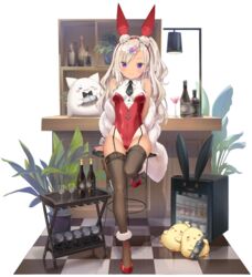  animal_ears archerfish_(azur_lane) archerfish_(coquettish_bunny)_(azur_lane) azur_lane bare_shoulders bird black_thighhighs blonde_hair bottle breasts chick closed_mouth cocktail_glass cup drinking_glass fake_animal_ears feather_boa feline female garter_straps hairband highleg highleg_leotard highres kani_biimu leg_up leotard long_hair looking_at_viewer manjuu_(azur_lane) medium_breasts meowfficer_(azur_lane) necktie off_shoulder official_alternate_costume official_art one_side_up playboy_bunny purple_eyes rabbit_ears red_footwear red_leotard shoes short_necktie sitting smile solo stool tan tanlines thighhighs thighs transparent_background wavy_hair wing_collar 