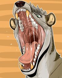  absurd_res anthro bodily_fluids brown_body brown_fur brown_nose brown_stripes dark_nose eyelashes fangs front_view fur glistening glistening_eyes glistening_nose gold_fang green_eyes grey_body grey_fur grey_hair hair hi_res imperatorcaesar inner_ear_fluff male mouth_shot open_mouth pink_tongue saliva saliva_string simple_background solo striped_neck stripes tan_inner_ear tan_inner_ear_fluff teeth tongue tuft 