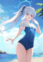  beach blue_archive blue_bow blue_eyes blue_halo blue_one-piece_swimsuit blue_sky blush bow breasts casual_one-piece_swimsuit cellphone commentary covered_navel cowboy_shot double-parted_bangs female frilled_one-piece_swimsuit frills groin hair_between_eyes hairbow halo hand_up highres holding holding_phone long_hair looking_at_viewer miyako_(blue_archive) miyako_(swimsuit)_(blue_archive) off-shoulder_one-piece_swimsuit off_shoulder official_alternate_costume one-piece_swimsuit outdoors parted_lips petite phone ponytail rui_rubellent sky small_breasts smartphone solo swimsuit white_hair 