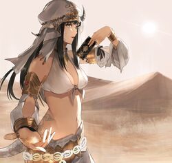  astrologian_(final_fantasy) au_ra belt black_hair bracelet breasts card commission dark-skinned_female dark_skin desert female final_fantasy final_fantasy_xiv hat highres hill holding holding_card horns hoshi_rasuku jewelry long_hair looking_at_viewer necklace original ring sand scarf skeb_commission smile solo stomach sun sunlight underwear upper_body veil warrior_of_light_(ff14) yellow_eyes 