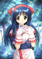  ainu_clothes black_hair blurry bow brown_eyes commentary_request depth_of_field female forest gloves hairband hairbow interlocked_fingers long_hair multicolored_clothes multicolored_gloves nakoruru nature red_bow samurai_spirits smile solo taki_minashika white_gloves 