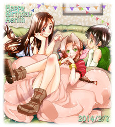  3girls aerith_gainsborough bangle bare_arms bare_legs bare_shoulders black_hair blush boots bracelet brown_eyes brown_footwear brown_hair crop_top cropped_jacket curly_hair dress elbow_gloves final_fantasy final_fantasy_vii full_body gloves green_eyes green_skirt hair_between_eyes hair_ribbon hands_on_own_chest happy_birthday head_on_hand indoors jacket jewelry leaf_print legs_up long_dress long_hair looking_at_another lying multiple_girls on_back on_stomach own_hands_clasped own_hands_together parted_bangs party picture_frame pink_dress pink_ribbon puffy_short_sleeves puffy_sleeves red_eyes red_jacket ribbon shirt short_hair short_sleeves sidelocks skirt sleeveless sleeveless_turtleneck smile straight_hair tifa_lockhart torimeiro turtleneck wallpaper_(object) white_gloves white_shirt yuffie_kisaragi 