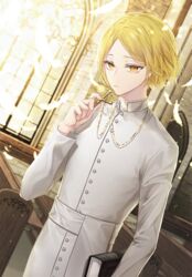  1boy alternate_color arm_up bible_(object) blonde_hair book buttons cassock closed_mouth collar cross cross_necklace day feathers haikyuu!! hemoon holding holding_book holding_cross indoors jewelry kozume_kenma long_sleeves looking_at_viewer male_focus necklace parted_bangs pendant priest sash solo source_request standing turtleneck white_feathers white_sash window yellow_eyes 