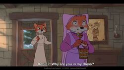  anthro arctic_fox canid canine caught clothed clothing crossdressing disney female fox fur leto_(letodoesart) letodoesart maid_marian male mammal orange_body orange_fur robin_hood_(disney) 