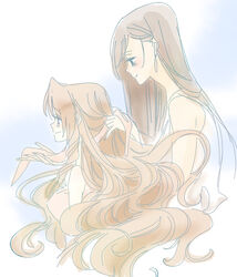  2girls aerith_gainsborough bare_arms blue_background blush braiding_hair breasts brown_hair dress earrings final_fantasy final_fantasy_vii hair_behind_ear hair_ribbon hairdressing hand_in_another&#039;s_hair jewelry long_hair looking_at_another looking_to_the_side medium_breasts multiple_girls muted_color pink_dress pink_ribbon profile ribbon sidelocks smile straight_hair tifa_lockhart torimeiro wavy_hair 