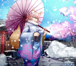  alternate_costume animal_ear_fluff animal_ears blue_kimono breasts cherry_blossom_print cherry_blossoms commentary fate/grand_order fate_(series) female floral_print fox_ears fox_girl fox_tail fur-trimmed_kimono fur_trim highres holding holding_umbrella japanese_clothes kimono large_breasts nofuture obi oil-paper_umbrella outdoors pink_hair print_kimono sash snowing solo tail tamamo_(fate) tamamo_no_mae_(fate/extra) tree umbrella wide_sleeves winter yellow_eyes 