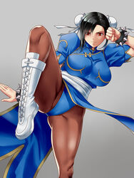  alternate_hairstyle black_hair blue_dress boots bracelet breasts brown_pantyhose bun_cover cameltoe china_dress chinese_clothes chun-li chun-li_(cosplay) cosplay cross-laced_footwear double_bun dress female final_fantasy final_fantasy_vii hair_bun highres jewelry large_breasts leotard leotard_peek pantyhose pelvic_curtain puffy_short_sleeves puffy_sleeves red_eyes short_sleeves side_slit solo spiked_bracelet spikes standing standing_on_one_leg street_fighter switch01 thick_thighs thighs tifa_lockhart white_footwear 